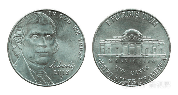 美国5 美分硬币上白色孤立