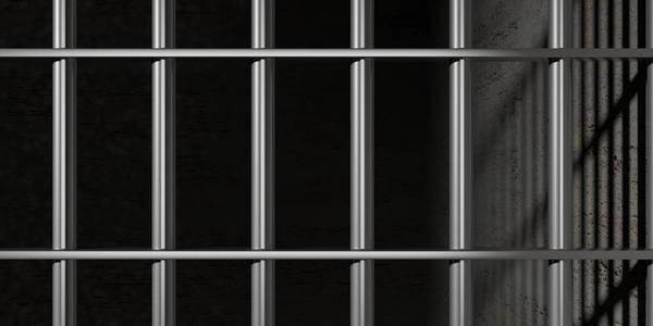 监狱, 监狱酒吧在黑墙的背景.3d 插图照片