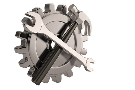 钢锤钢制齿轮和扳手和锤在白色背景.3d 说明照片