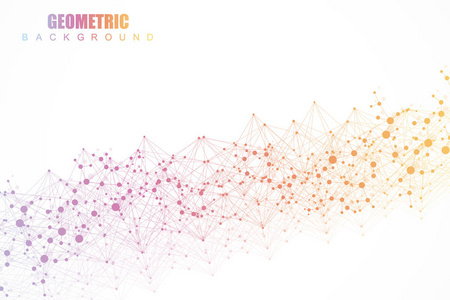 大数据可视化背景。现代未来主义虚拟抽象背景。科学网络模式, 连接线和点。全局网络连接向量