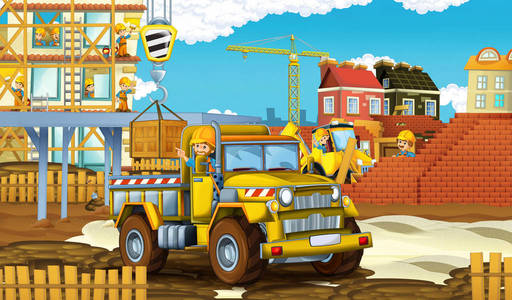动画片场面与不同的建筑工地车儿童例证