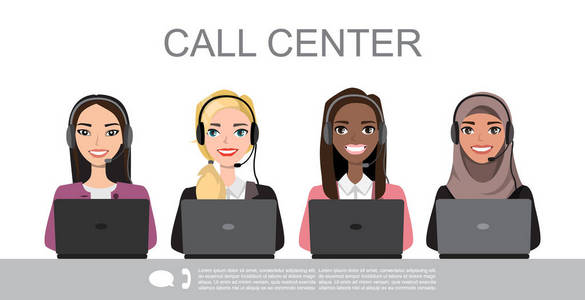 矢量图标设置多种族女性呼叫中心化身在卡通风格与耳机, 沟通的概念