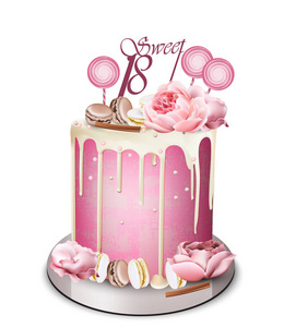 粉红色的蛋糕上有牡丹花, 上面矢量逼真。白巧克力糖霜。生日, 周年纪念, 婚礼皇家甜点