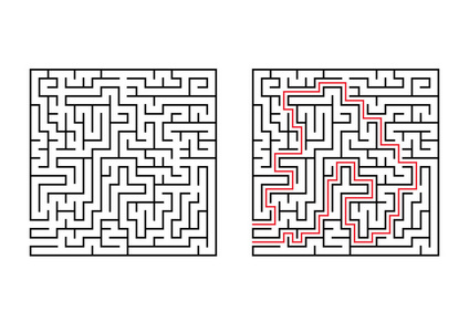 抽象方形迷宫.在白色背景上隔离的简单平面矢量插图.与答案照片