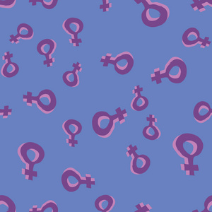 蓝色和紫色多彩的金星镜子女权主义无缝模式。矢量图形设计