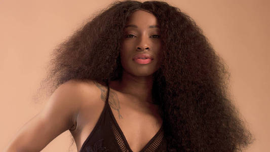 美黑色混合种族非洲裔美国妇女与长卷曲的头发和完美的笑容