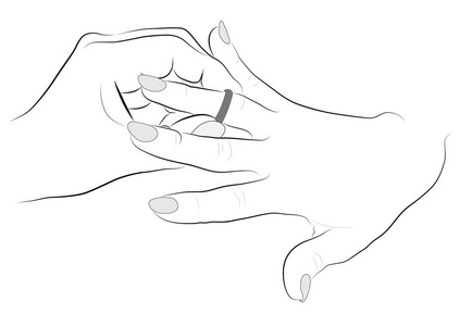 提出的手指轮廓绘图手,提出了一个女孩的手指上的戒指照片