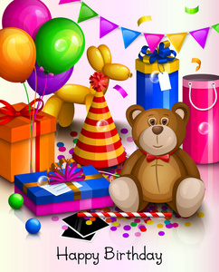 快乐的生日贺卡。多彩的包装的礼品盒。很多礼物和玩具。党的气球，狗气球 帽子 五彩纸屑，玩具熊，在地板上玩球。矢量