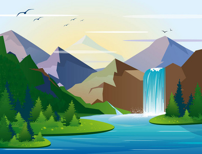 在山上美丽的瀑布的矢量插图与树木, 岩石和。自然湖泊灌木扁平的绿色木材
