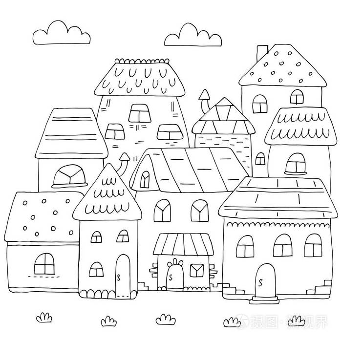 插画 手绘页的着色书与许多房子.一个小可爱的城市在涂鸦阶梯.黑白.