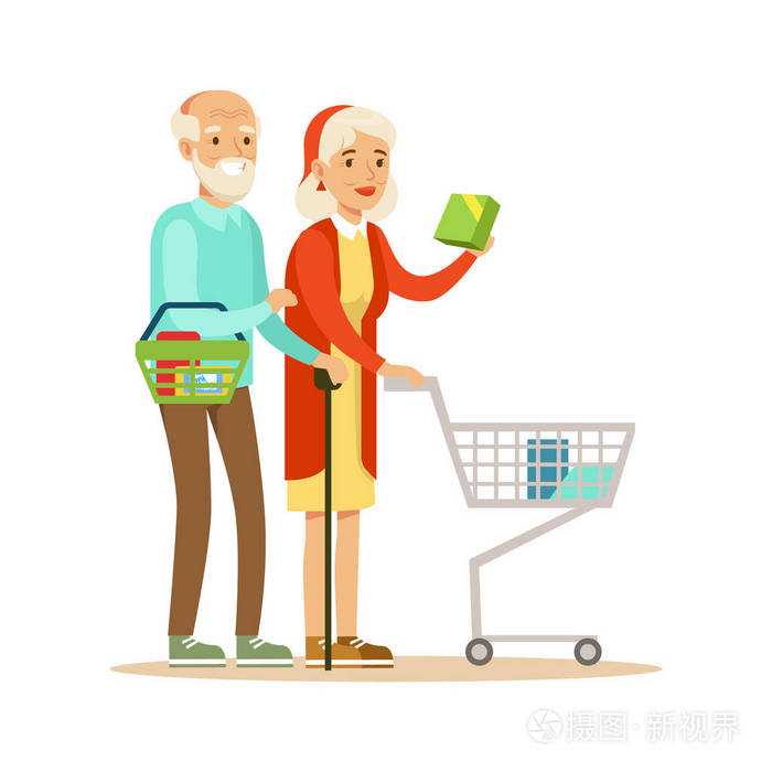 老夫妇与推车购物在百货公司,卡通人物买店里的东西