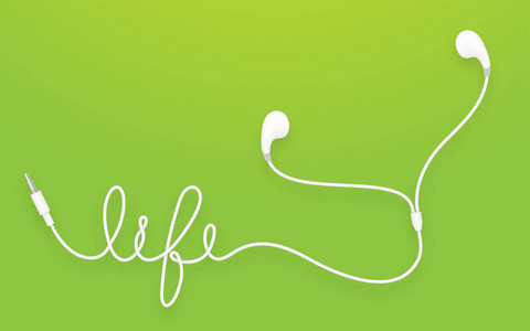 耳机, 耳塞类型白色和生活文本由缆绳在绿色梯度背景隔绝了, 与拷贝空间