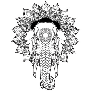 大象头上莲花曼荼罗。在亚洲工艺美术中受欢迎的 motiff。在白色背景上被孤立的复杂手绘图。纹身设计