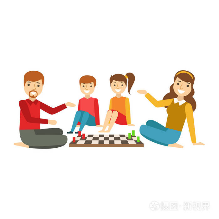 父母和孩子下棋,幸福的家庭,有良好的时间在一起图