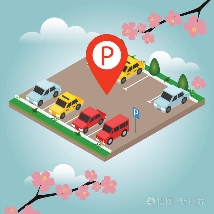 春季时间.停车标志.城市停车矢量网横幅等距平面矢量样式.