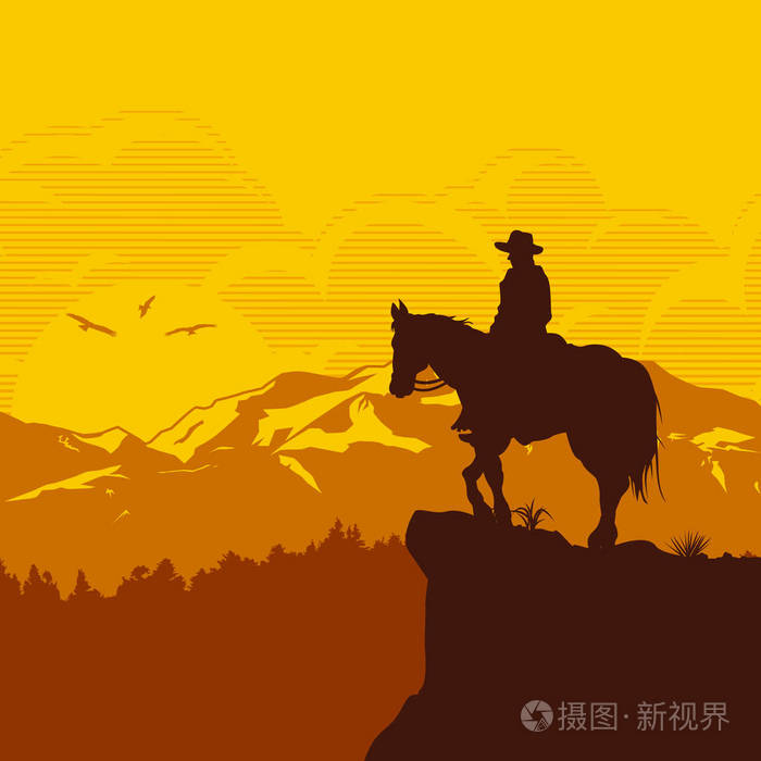日落时寂寞牛仔骑马的剪影矢量插画