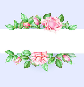 水彩手绘绿叶与粉红色玫瑰花卡设计。用于文本的空白卡片模板