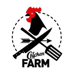 农场的标识与一只公鸡和农夫的工具