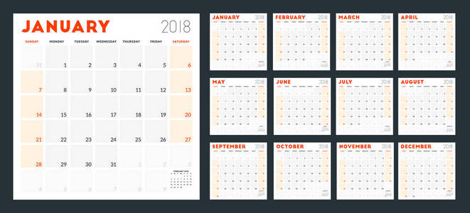 日历规划师2018年。星期从星期日开始。矢量设计打印模板