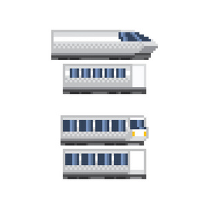 机车, 火车, 铁路路像素图标设置。像素艺术。旧学校计算机图形。8位视频游戏。游戏资产8位精灵
