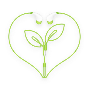 耳机, 在耳型绿色和叶子植物符号与心形框架制成的电缆隔离在白色背景, 与复制空间