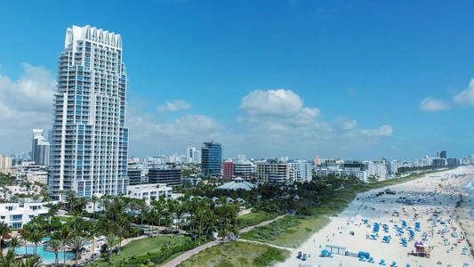 迈阿密海滩南角公园。海滩沿线的建筑物, 鸟瞰图