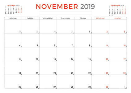 2019年11月。日历规划器信纸设计模板。矢量插图