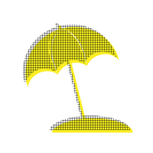 雨伞和太阳躺椅标志。向量。带方形 p 的黄色图标
