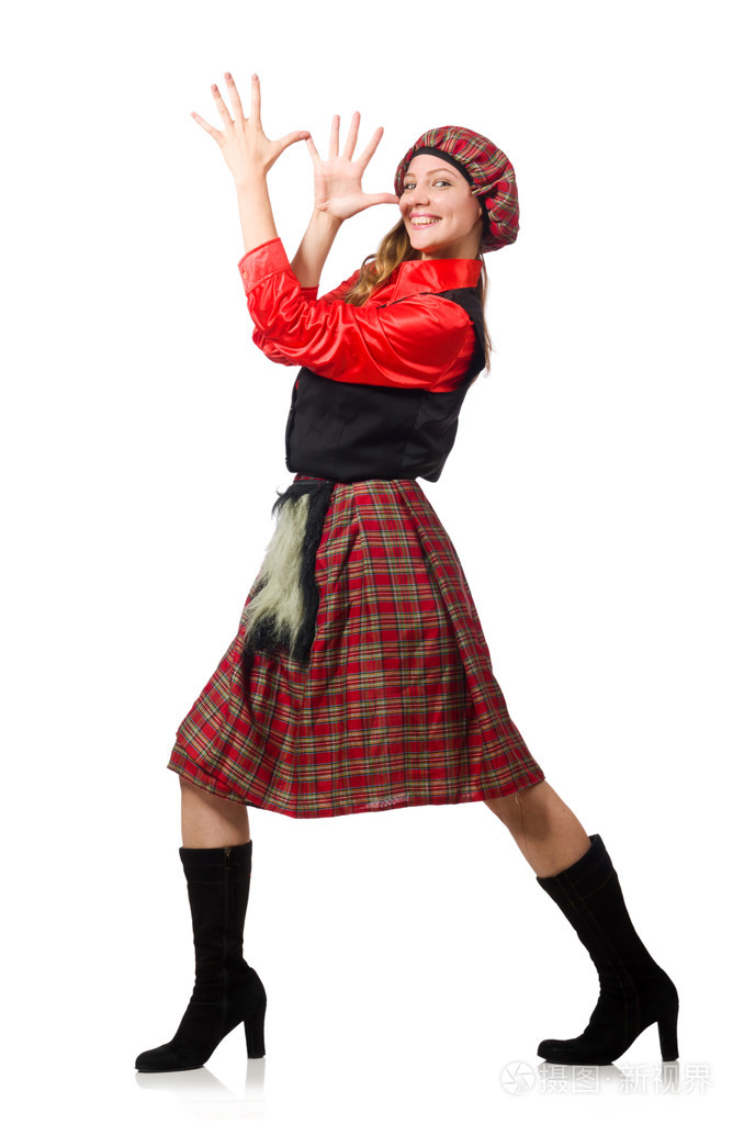 滑稽的女人在苏格兰服装上白
