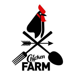 农场的标识与一只公鸡和农夫的工具