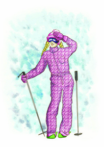 滑雪的女孩。色彩丰富的插画。12 月。冬天