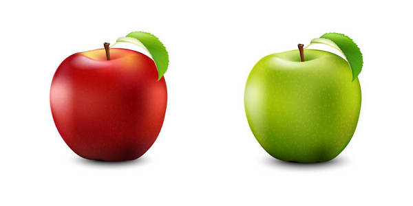 红色和绿色苹果设置。与叶子的现实。详细的 3d Illust
