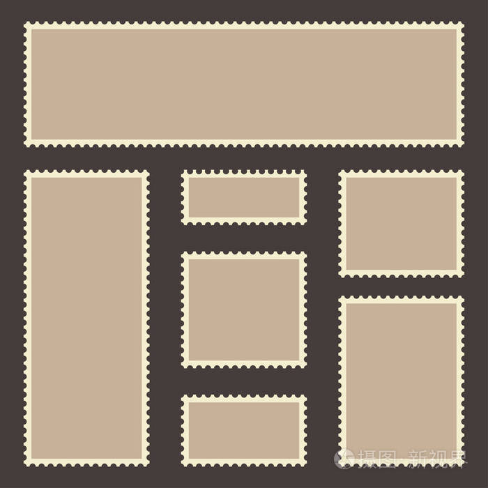古董邮票套装.黑色背景上的复古框架和边缘的空白邮票