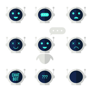 聊天 bot 图标集。具有语音气泡和不同情绪的机器人。网站移动应用程序和客户服务的虚拟助理