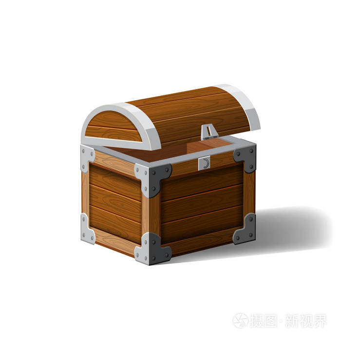 打开海盗胸木箱财富的象征用于游戏界面矢量隔离的卡通平面矢量设计