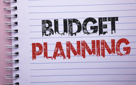 文字写预算计划。财务 Plannification 的商业概念在普通背景下笔记本电脑上写的收入和费用的评估