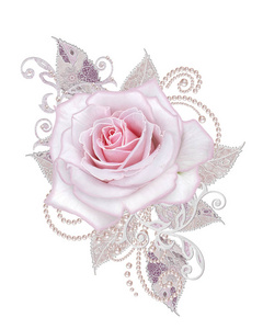 装饰装饰, 佩斯利元素, 精致的纹理银叶制成的细花边和珍珠。宝石闪亮的卷发, 从珠子线, 芽粉彩粉红色的玫瑰。镂空织造精致