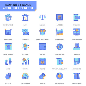 简单的银行和财务平面图标的网站和移动应用程序。包含平衡电子银行拍卖金融增长等图标。48x48 像素完美。可编辑笔画。矢量插
