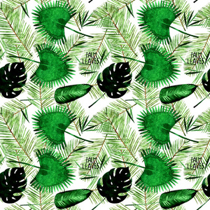 水彩热带棕榈叶无缝图案插图