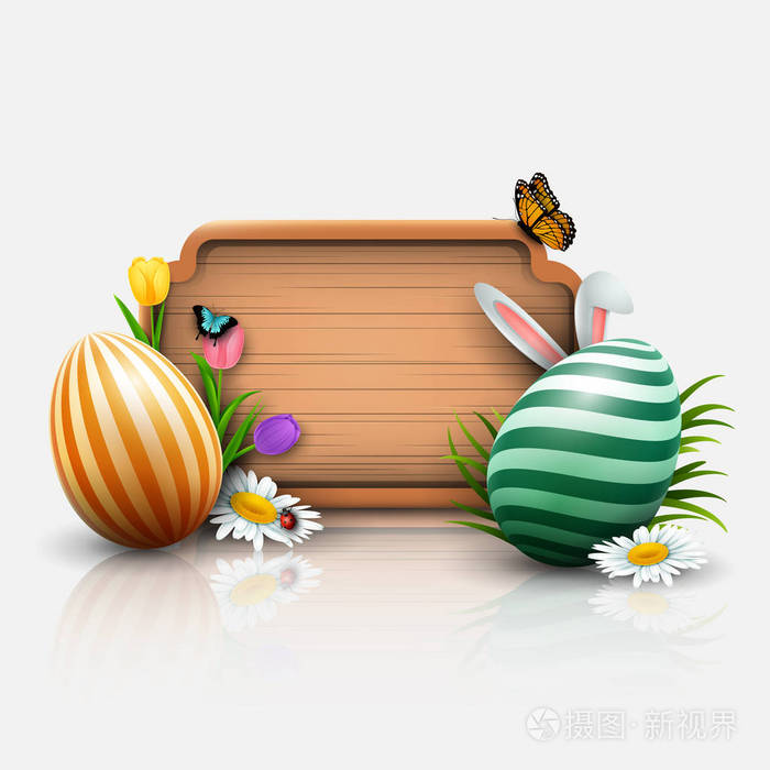 复活节贺卡与鲜花, 复活节彩蛋和木标志在白色背景