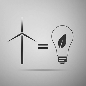 风力发电机组和灯泡用树叶作生态友好型源的能量平图标在灰色的背景上的想法。矢量图