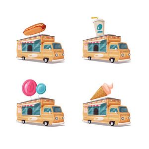 一套复古街食品面包车。老式的食品和饮料卡车。卡通矢量插画