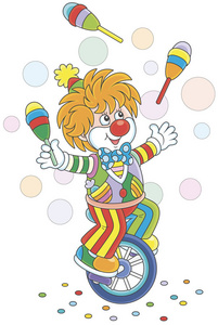 马戏团显示一个滑稽的小丑杂耍与彩虹和骑他的独轮车, 矢量插图的卡通风格