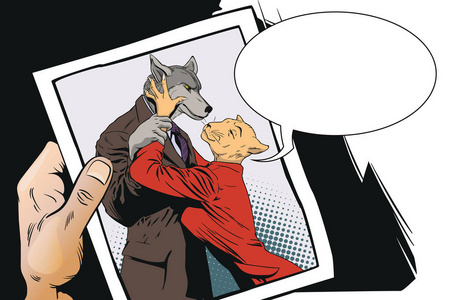 卡通狼人女人愤怒的人手牵着一个女人.狼和猫.图像中的人物照片