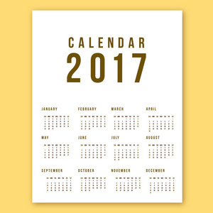 2017 年日历白色背景上。周从星期日开始。简单的矢量模板