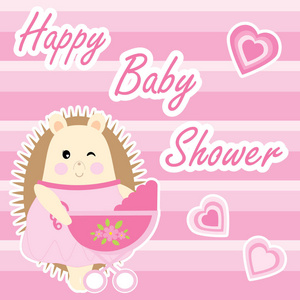 可爱的刺猬与粉红色条纹背景上的婴儿推车婴儿淋浴卡
