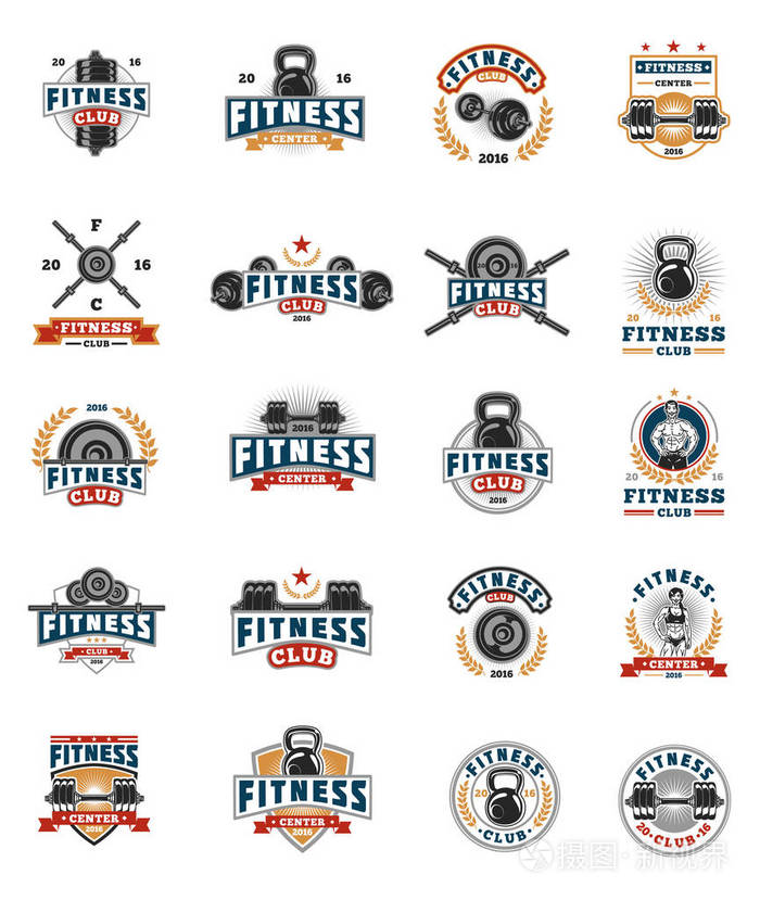 集的健身徽章贴纸上白色孤立