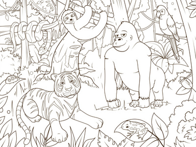 丛林动物卡通着色书矢量图片