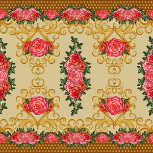 水平的花边框。模式，无缝。加兰的花。美丽明亮的橙色玫瑰，芽，绿色的叶子，粗糙的布 帆布。金色的卷发，闪亮的窗饰编织。老式旧背景