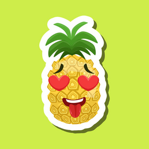 菠萝爱上了心在眼中,绿色背景上的可爱表情贴纸照片